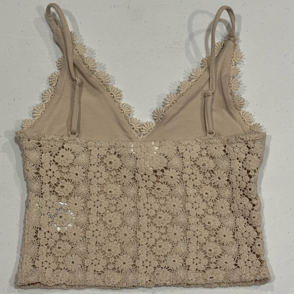 H&M Crochet Floral Lace Crop Top, Adjustable Straps, Tan, Small - Picture 3 of 6